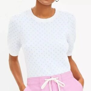 LOFT Large Blue Polka Dot Short Sleeve‎ Puff Shoulder Scalloped Sweater Tee